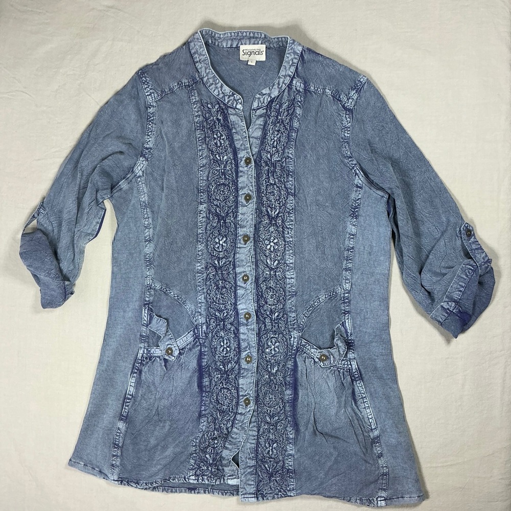 Signals Blue Acid Wash Embroidered Tunic Top Button Down Roll Tab Sleeve Large